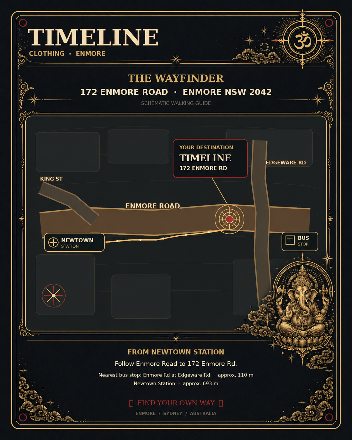 TIMELINE shop location map with Om and Lord Ganesha, at 172 Enmore Road, Enmore NSW 2042